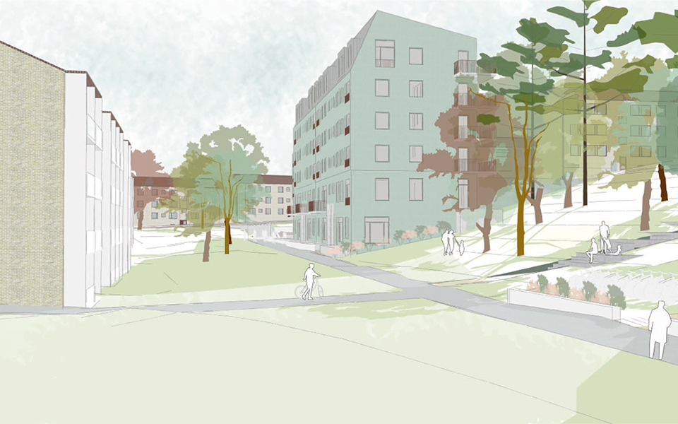 Flerbostadshus i en sluttning, omgivna av gröna ytor med gång- och cykelvägar. Människor i rörelse. Illustration